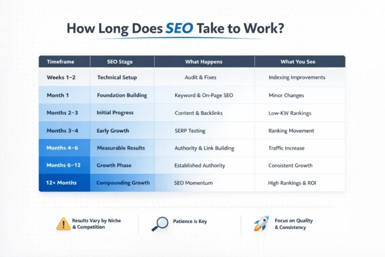 SEO timeline showing how long SEO takes to work from 1 month to 12+ months